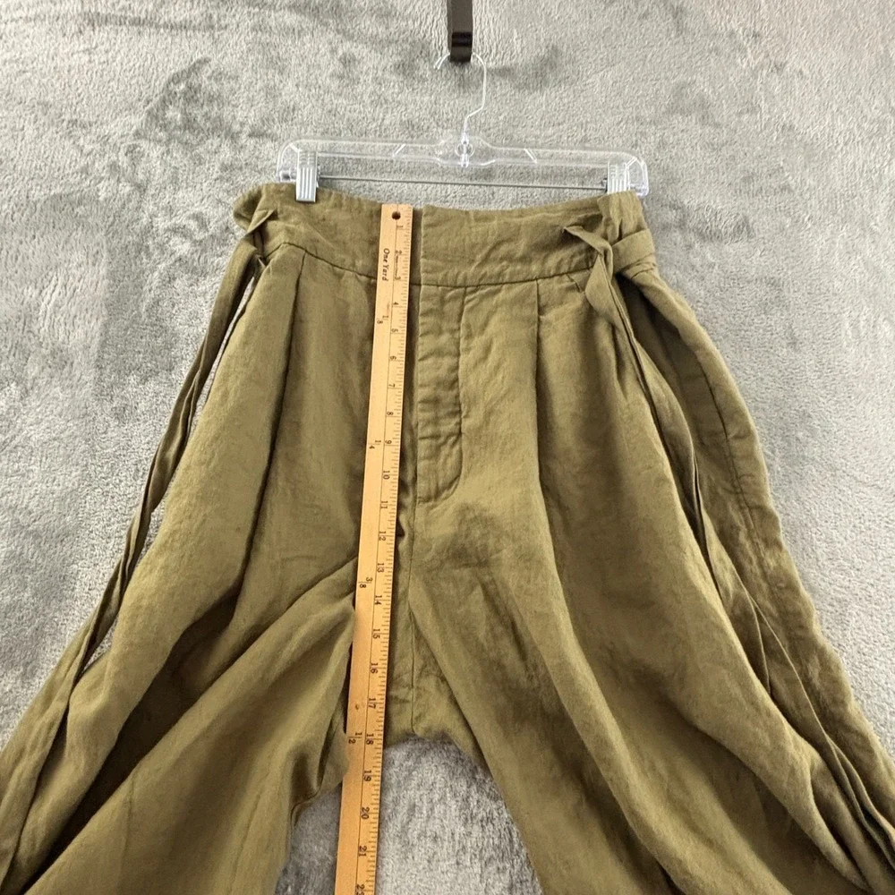 Zara Linen Wide Leg Crop Pant Woman XL Olive Green Paperbag Waist Belted